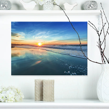 Blue Seashore with Distant Sunset - Seashore Canvas Wall Art