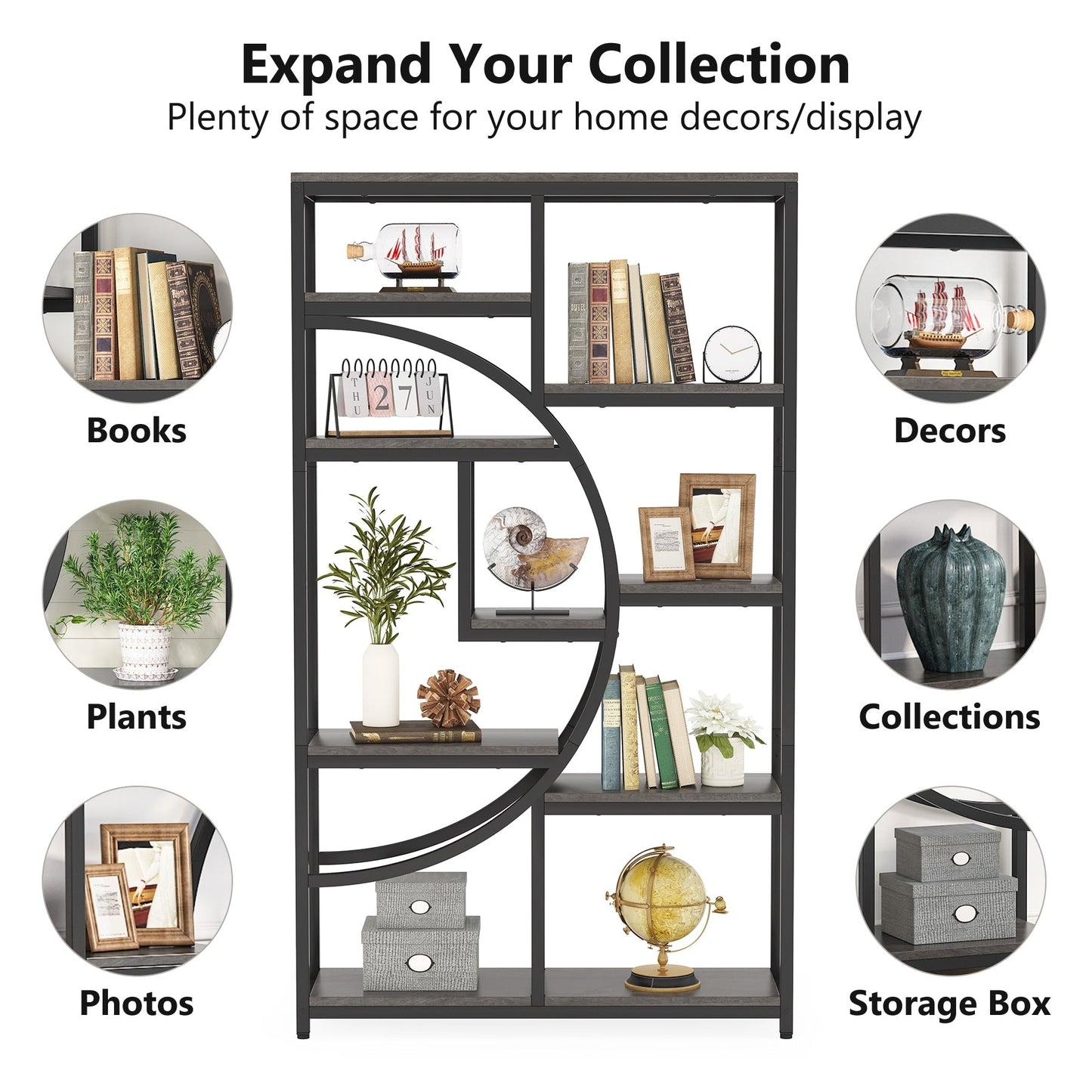 Bookshelf 5 Shelf Industrial Etagere Bookcase for Bedroom, Living Room, Home Office