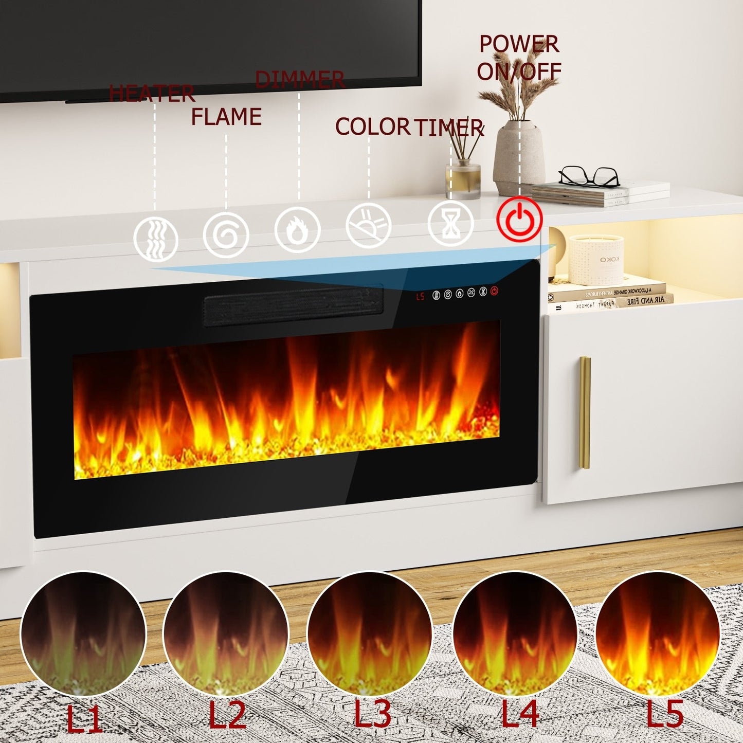 Bossin 70 Fireplace TV Stand with 36 Electric Fireplace, TV Stand for TVs Up to 80, 16 Colors LED Lights/Entertainment Center