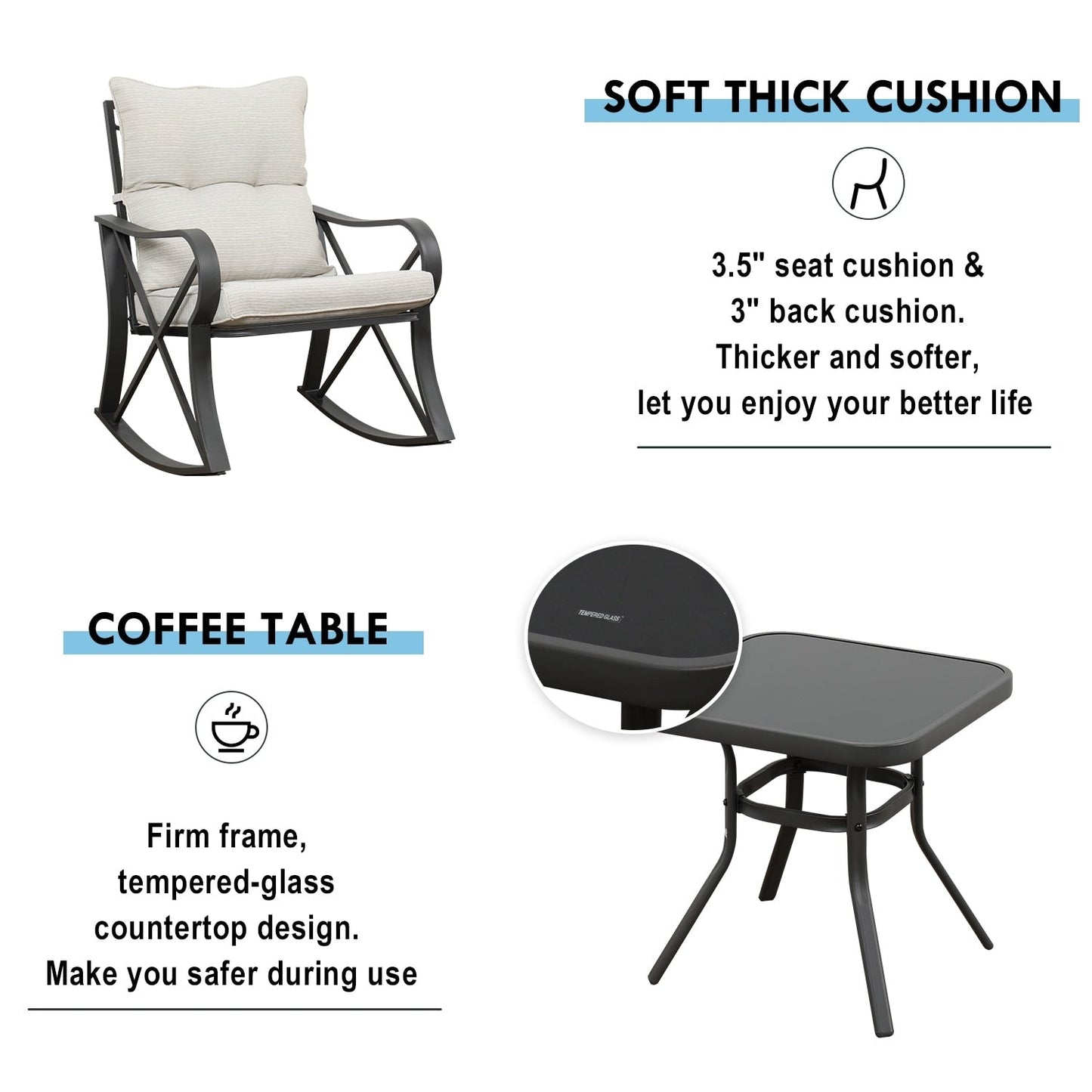 COSIEST 3-piece Outdoor Rocking Chair Chat Set with Side Table