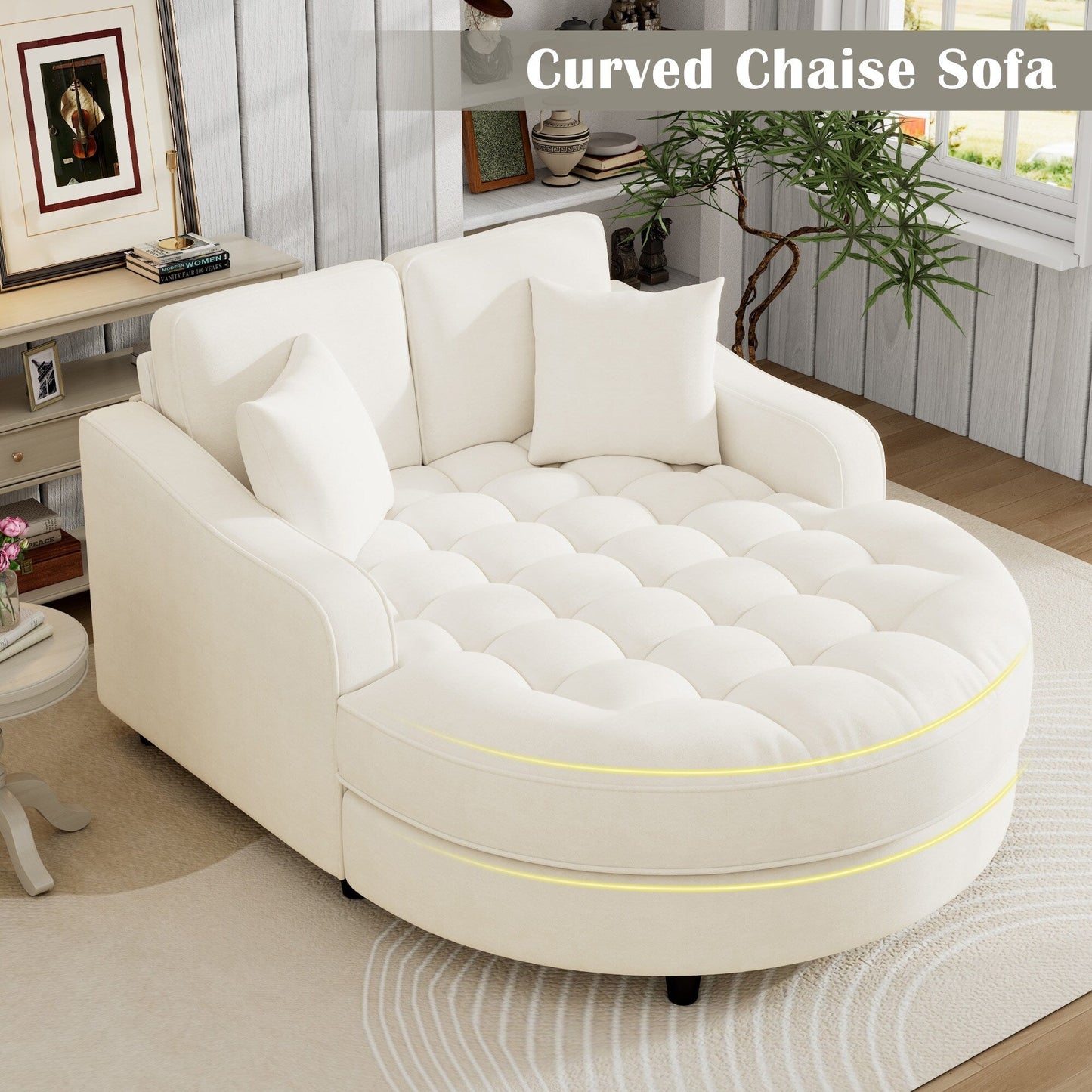 Chenille Chaise Lounge Sofa Bed, Upholstered Sofa Couch with Tufted Backrest and 2 Detachable Pillows for Living Room