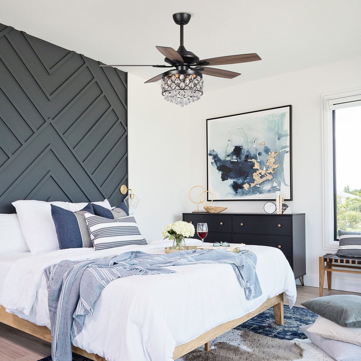 Chrome/ Crystal 4-light Chandelier/ Ceiling Fan with Remote