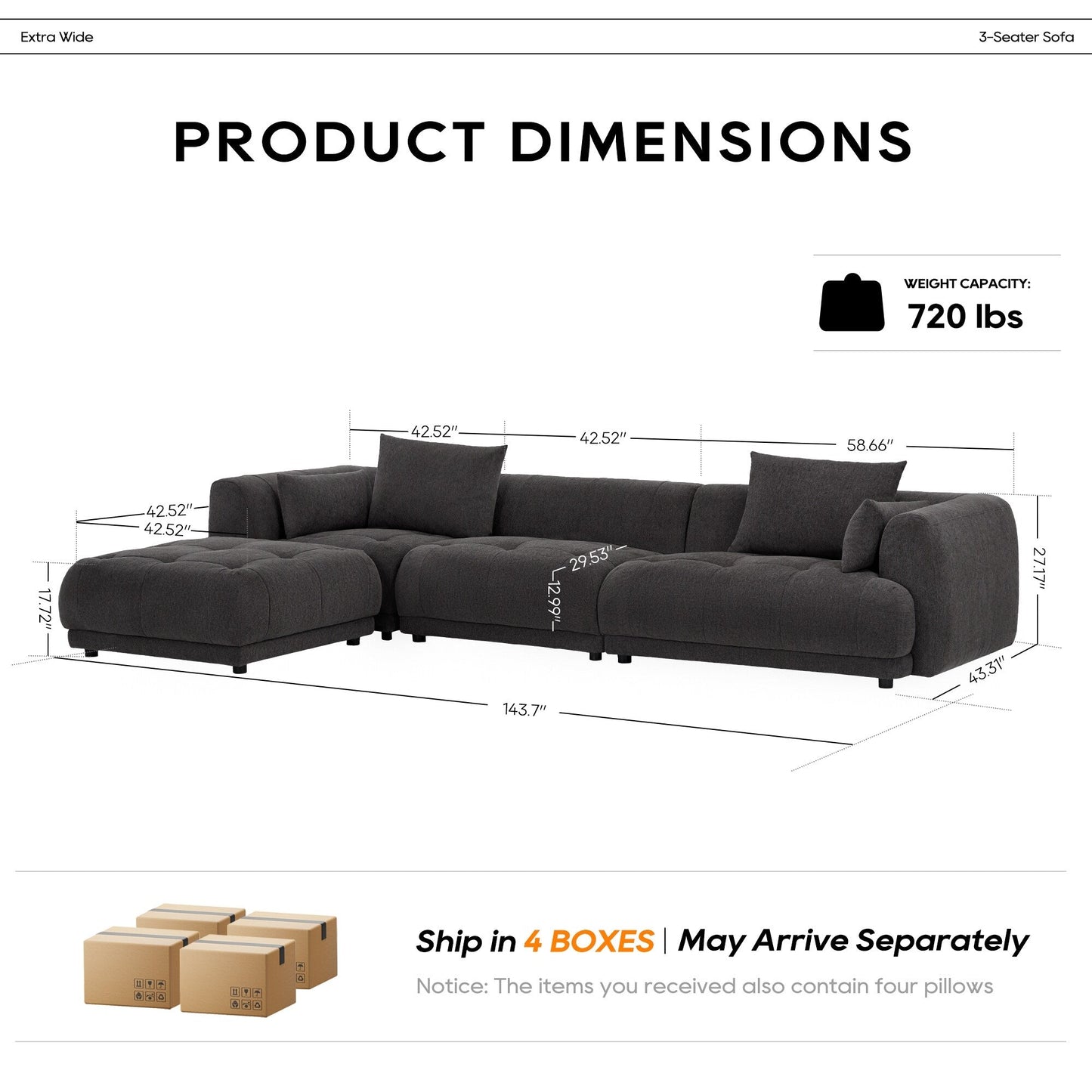 Cloud Modular Sofa Sectional 144 with Ottoman - Plush Chenille Fabric Living Room Couch