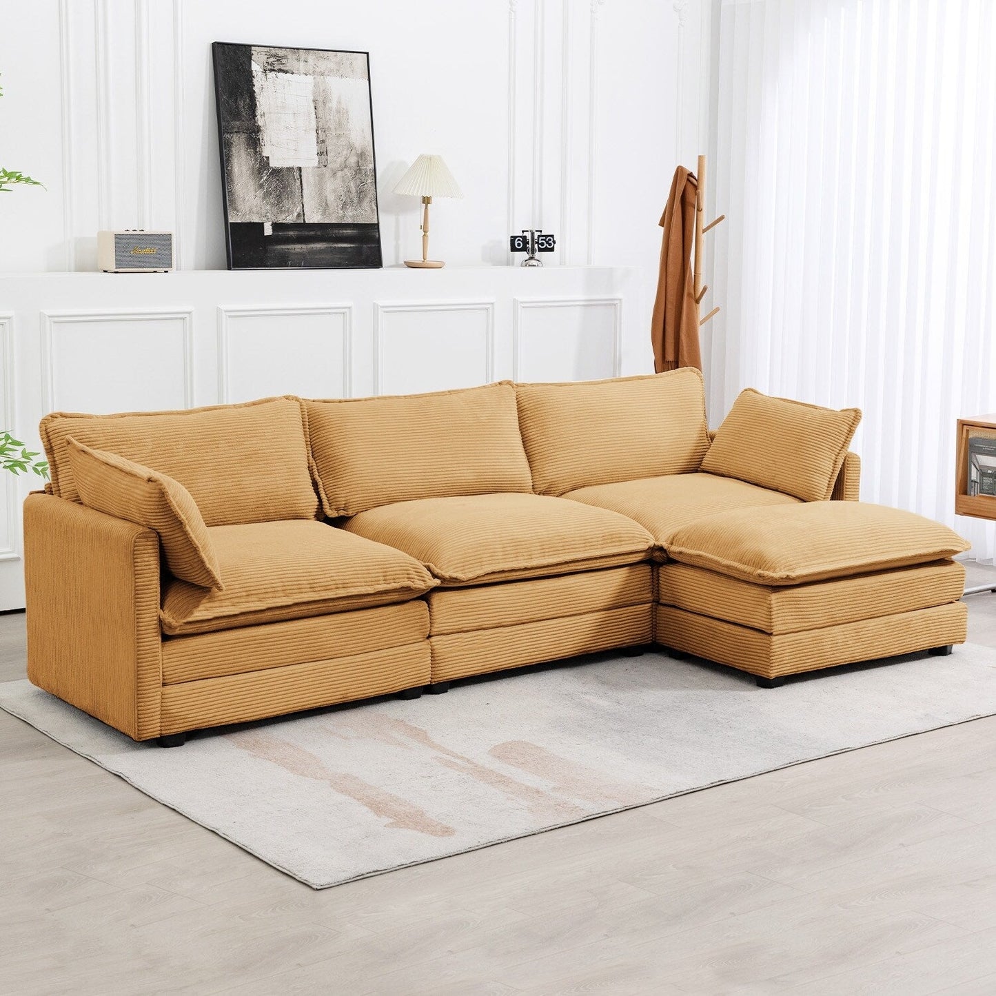 Corduroy Sectional Sofa with Removable Ottomans & Ultra-soft Cushions for Living Room & Bedroom