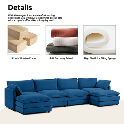 Corduroy Sectional Sofa with Removable Ottomans & Ultra-soft Cushions for Living Room & Bedroom