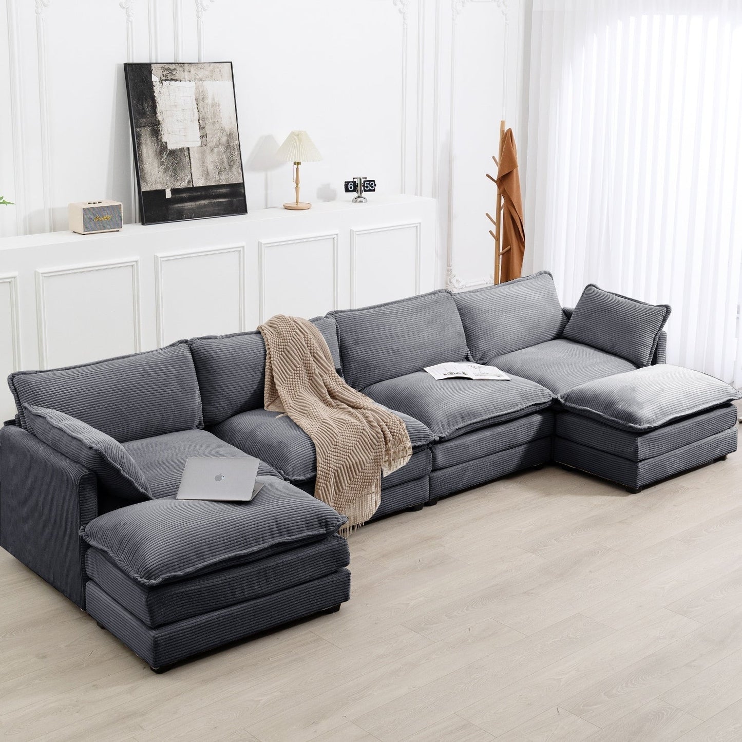 Corduroy Sectional Sofa with Removable Ottomans & Ultra-soft Cushions for Living Room & Bedroom