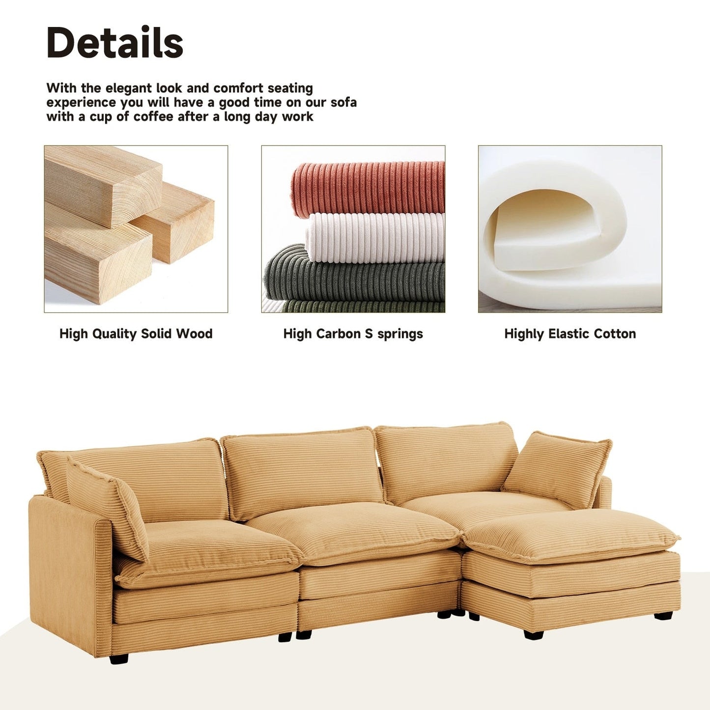 Corduroy Sectional Sofa with Removable Ottomans & Ultra-soft Cushions for Living Room & Bedroom