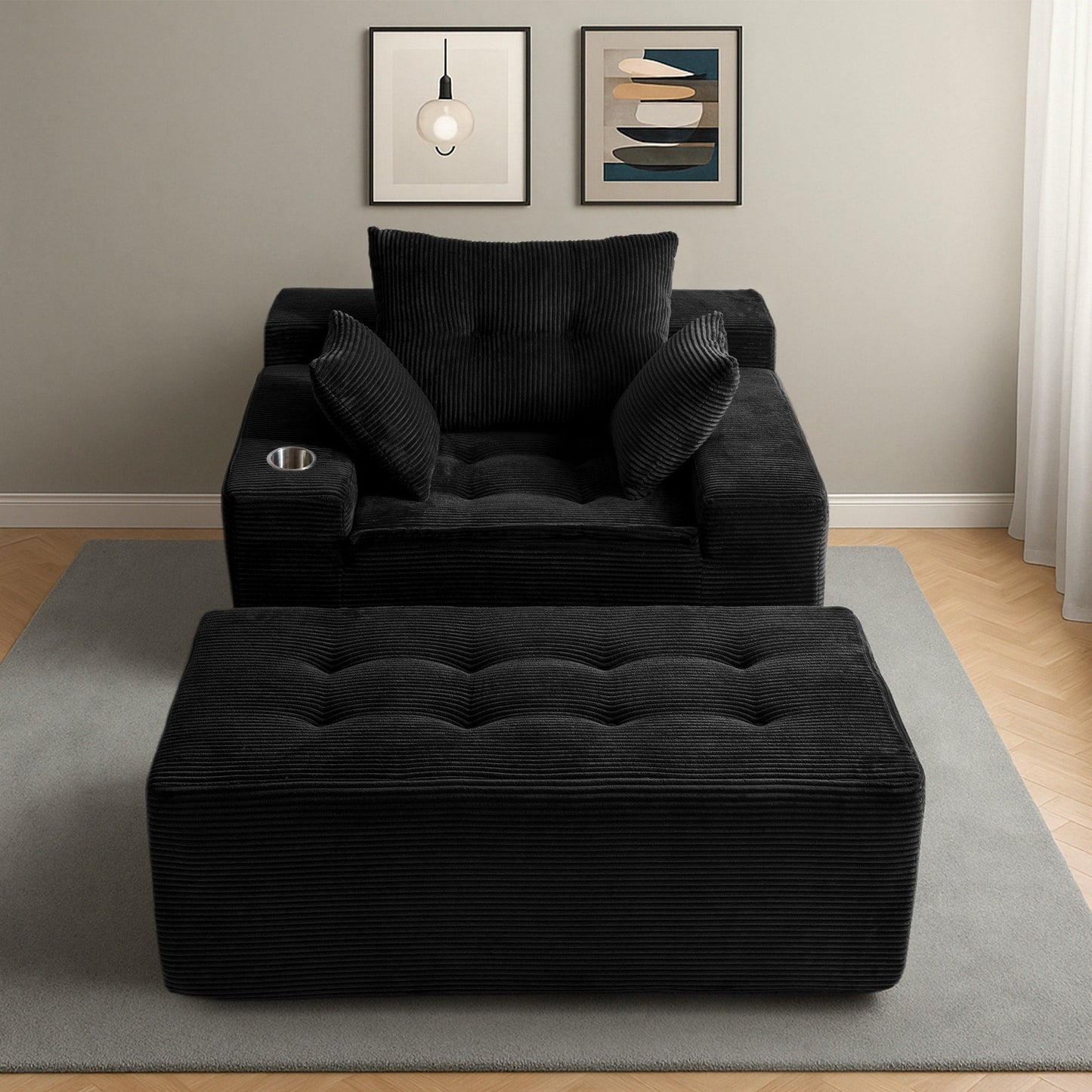 Corduroy Upholstered Memory Foam Sofa With Ottoman Upholstered Bean Bag Couch - 48.4Lx67.7Wx24.4H