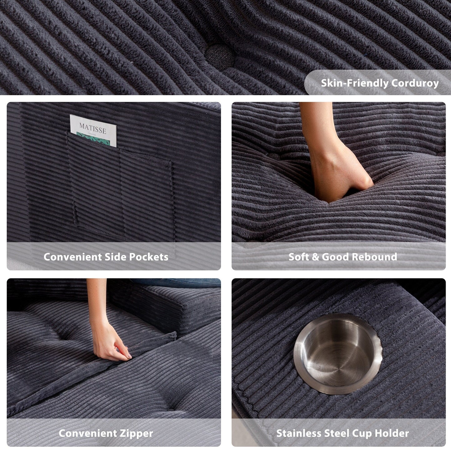 Corduroy Upholstered Memory Foam Sofa With Ottoman Upholstered Bean Bag Couch - 48.4Lx67.7Wx24.4H