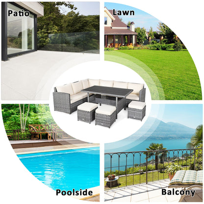 Costway 7 PCS Patio Rattan Dining Set Sectional Sofa Couch Ottoman - See Details