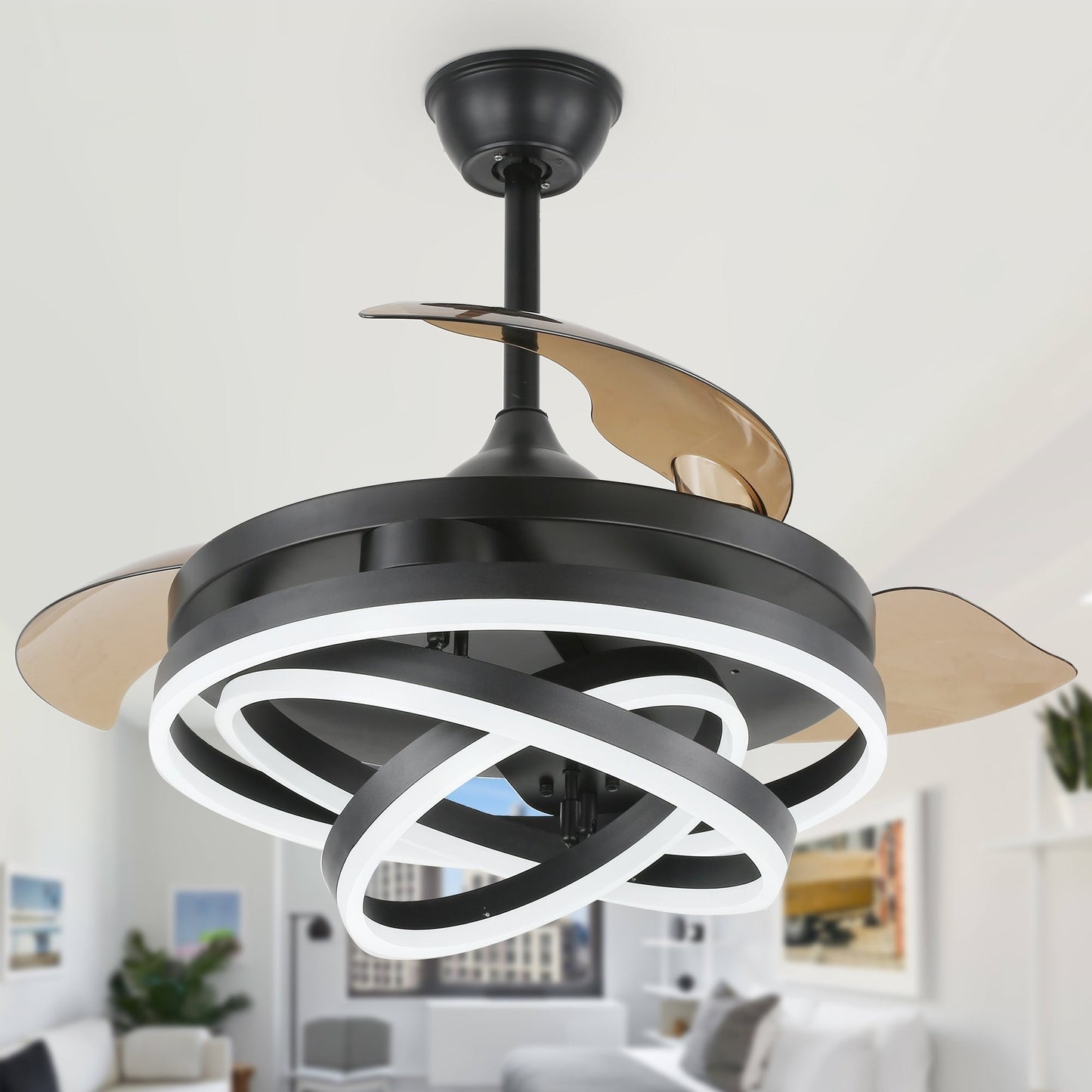 Cusp Barn 42 Retractable Ceiling Fan with Lights and Remote DIY Shape Fandelier Modern Silent DC Motor LED Ceiling Light