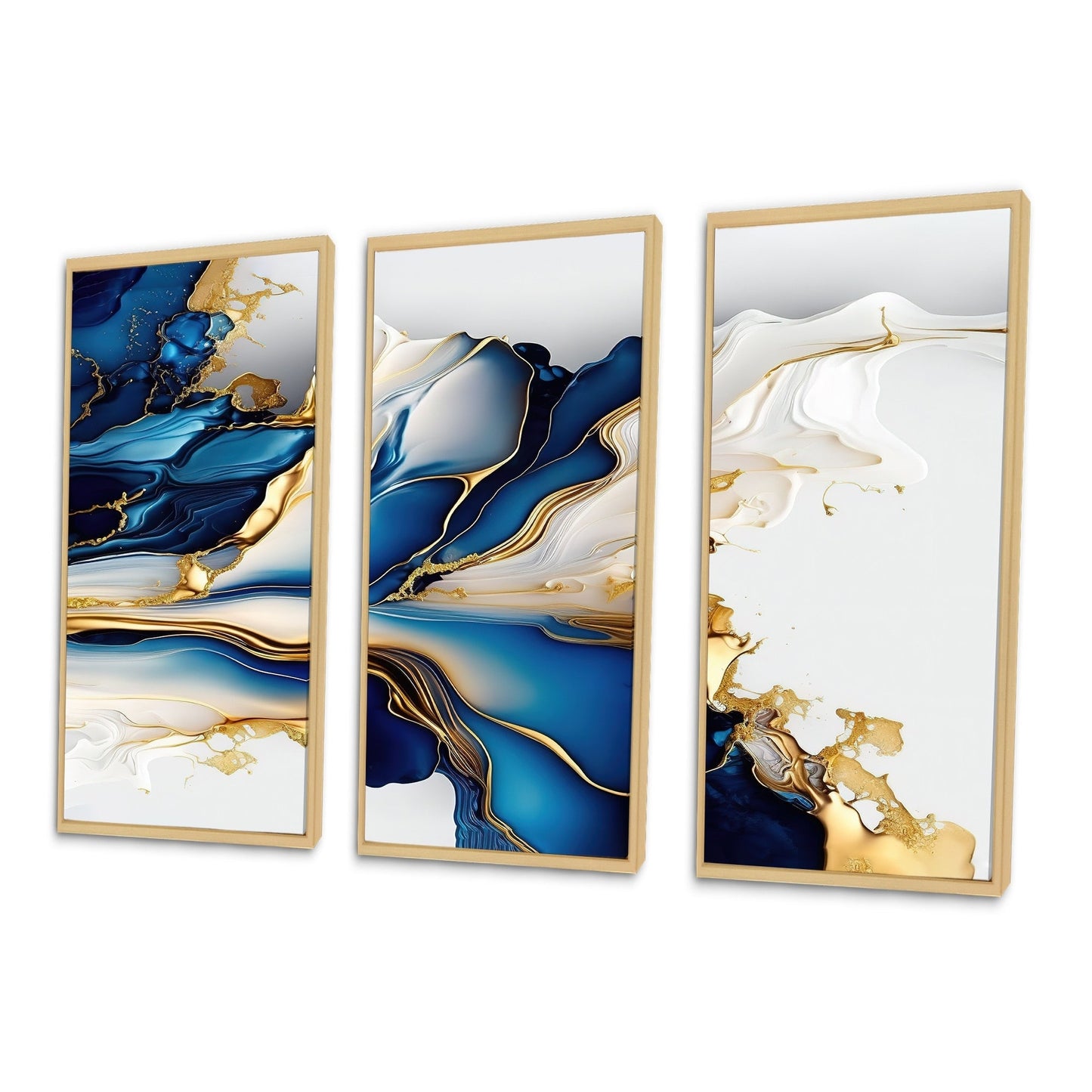 Designart Abstract Geode Gold And Blue Marble Shape III Modern Geometric Framed Canvas Art Print - 3 Panels