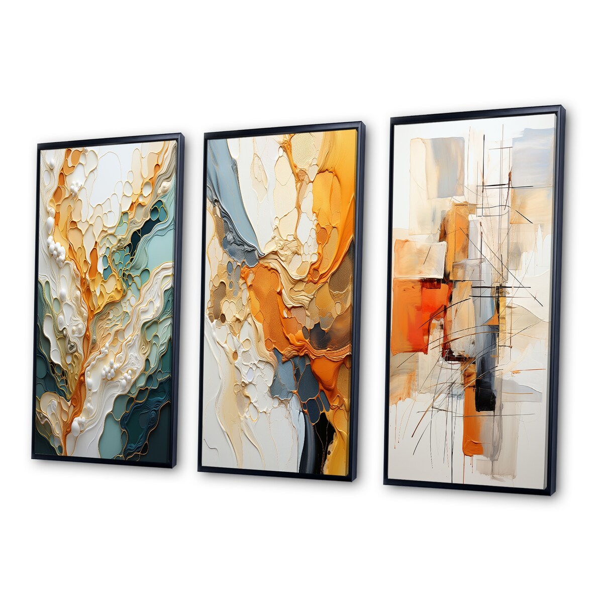 Designart Orange White Line Art Organic Abstraction Abstract Framed Wall Art Set Of 3 For Living Room Decor