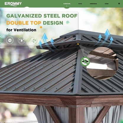 Erommy Hardtop Gazebo with Aluminum Frame and Double Roof, Permanent Outdoor Gazebo Includes Curtains&Netting for Patio Backyard