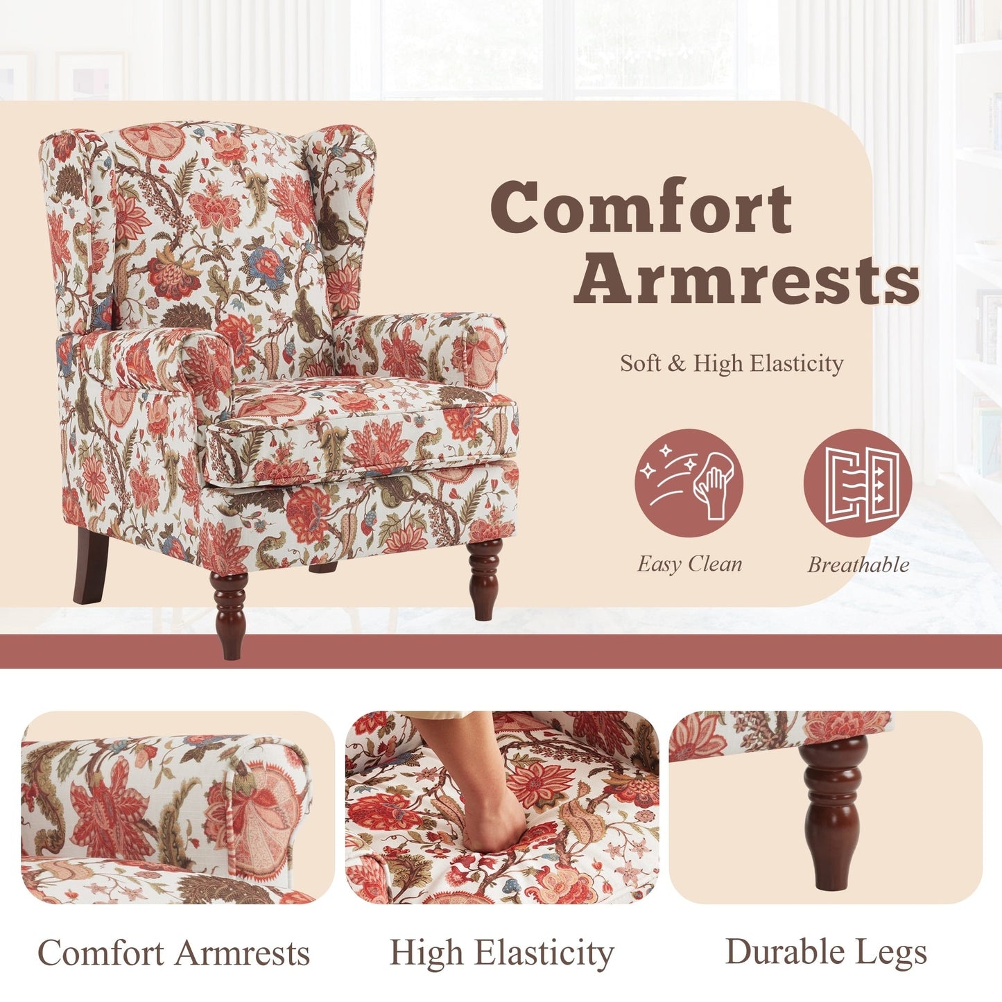 Erommy Modern Accent Chair, High Back Armchair, Upholstered Fabric Button Single Sofa with Wooden Legs for Living Room