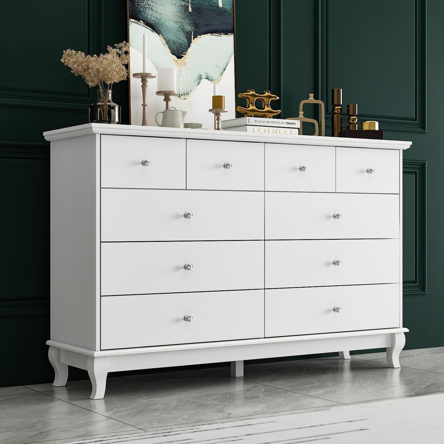 10 Drawer Double Dresser for Bedroom White Dresser Wide Storage