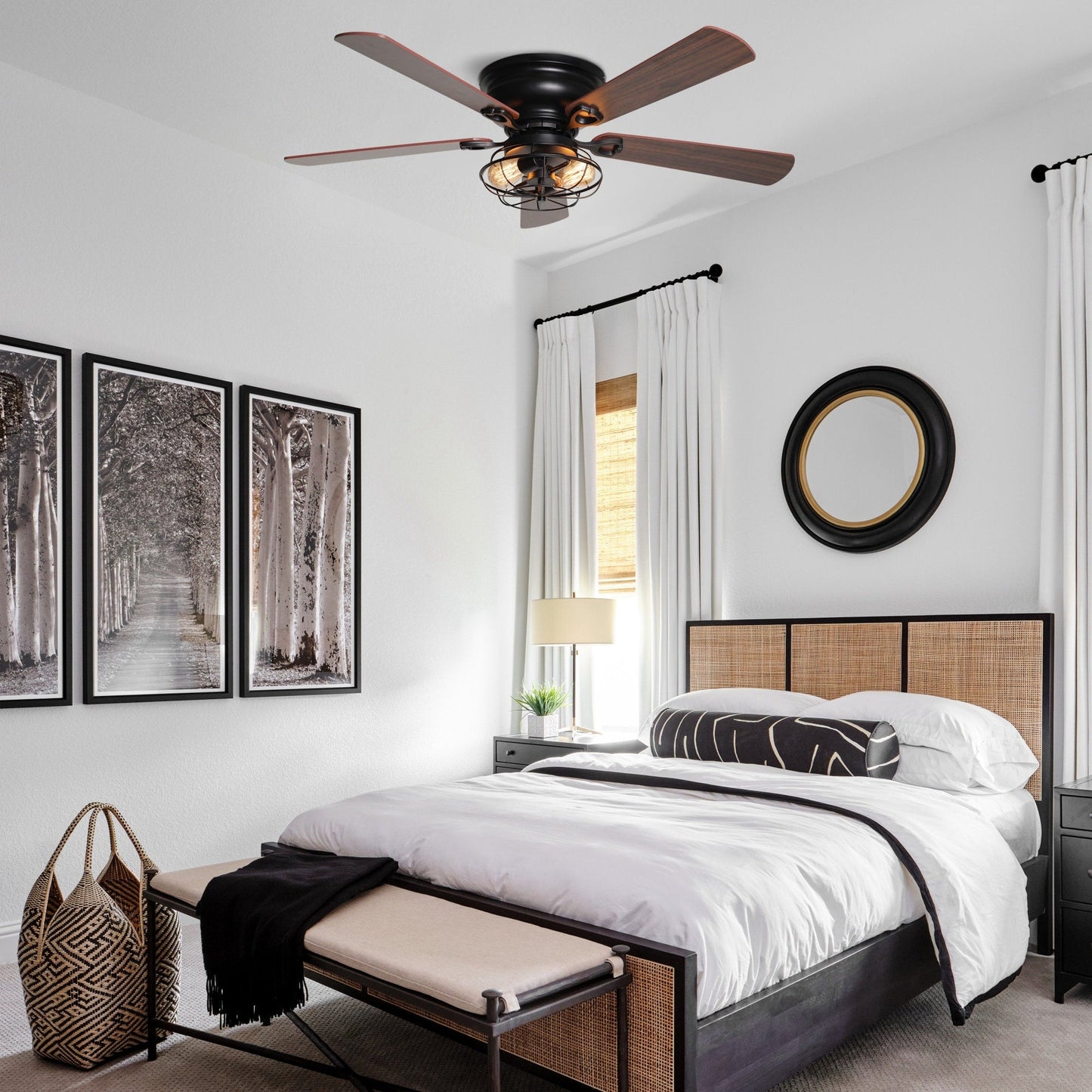 Farmhouse 48-in Wood 5-Blade Low Profile Flush Mount Black Ceiling Fan with Remote and Light Kit