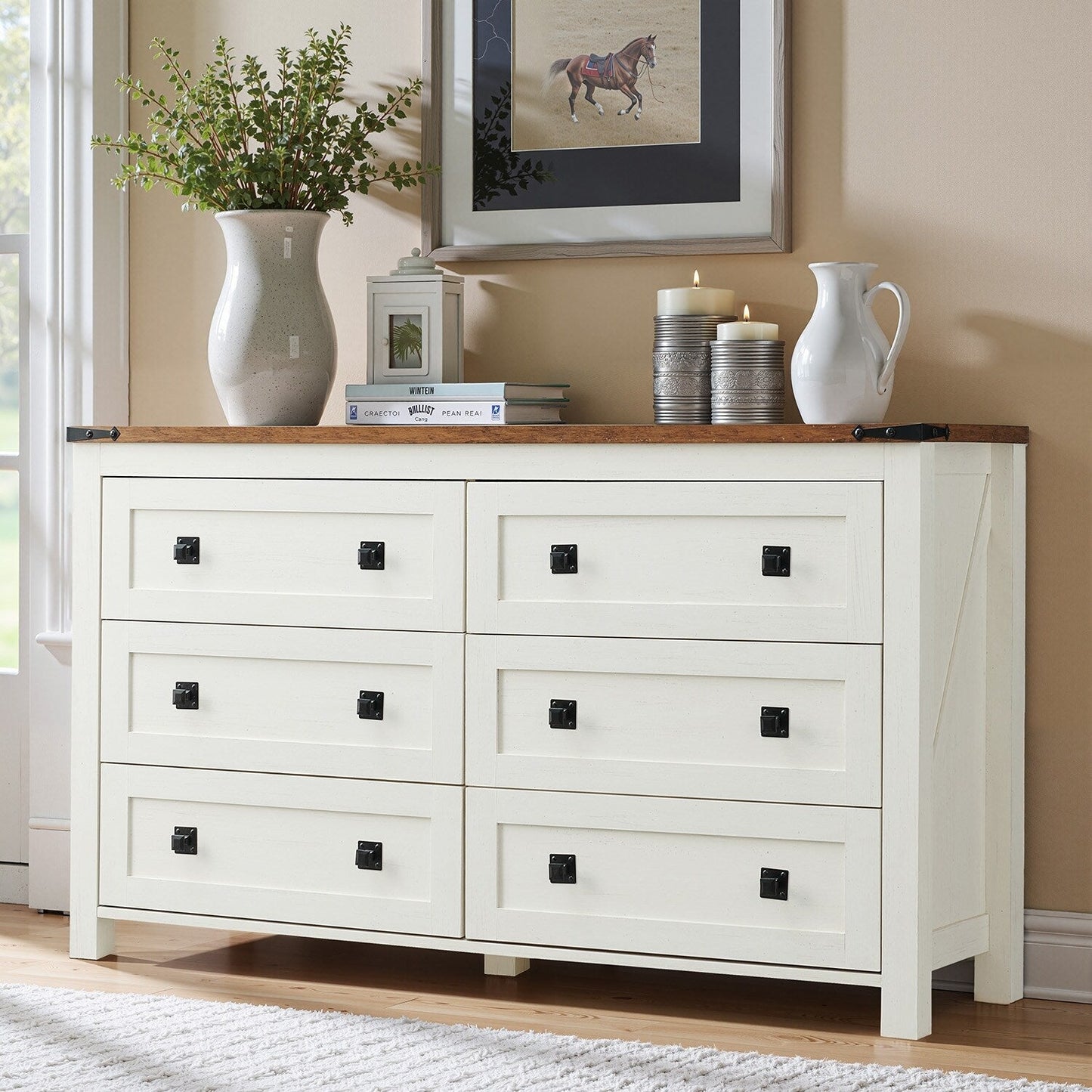 Farmhouse 6 Drawer Dresser, Wood TV Stand, Chest of Drawers