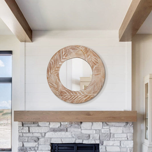 Farmhouse Carved Wood Round Wall Mirror - 28 x 28
