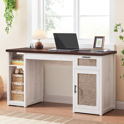 Farmhouse Executive Desk Home Office Desk File Drawer Monitor Stand Power Outlet