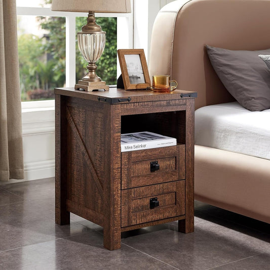 Farmhouse Nightstand with Charging Station, End Table, Side Table