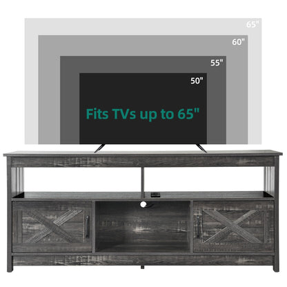Farmhouse TV Stand for up to 65 TV with Doors and Open Shelves Media Console Power Outlet