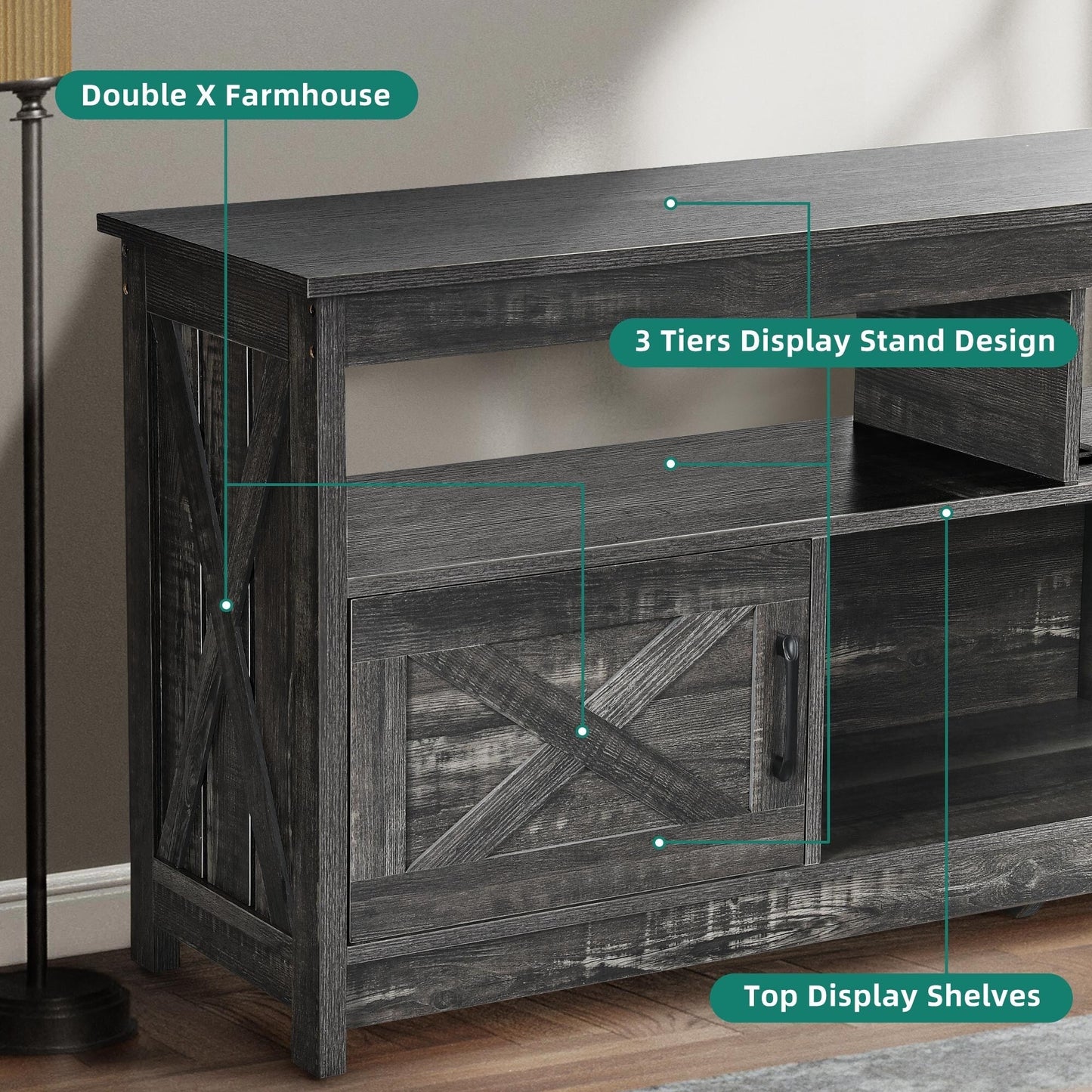 Farmhouse TV Stand for up to 65 TV with Doors and Open Shelves Media Console Power Outlet