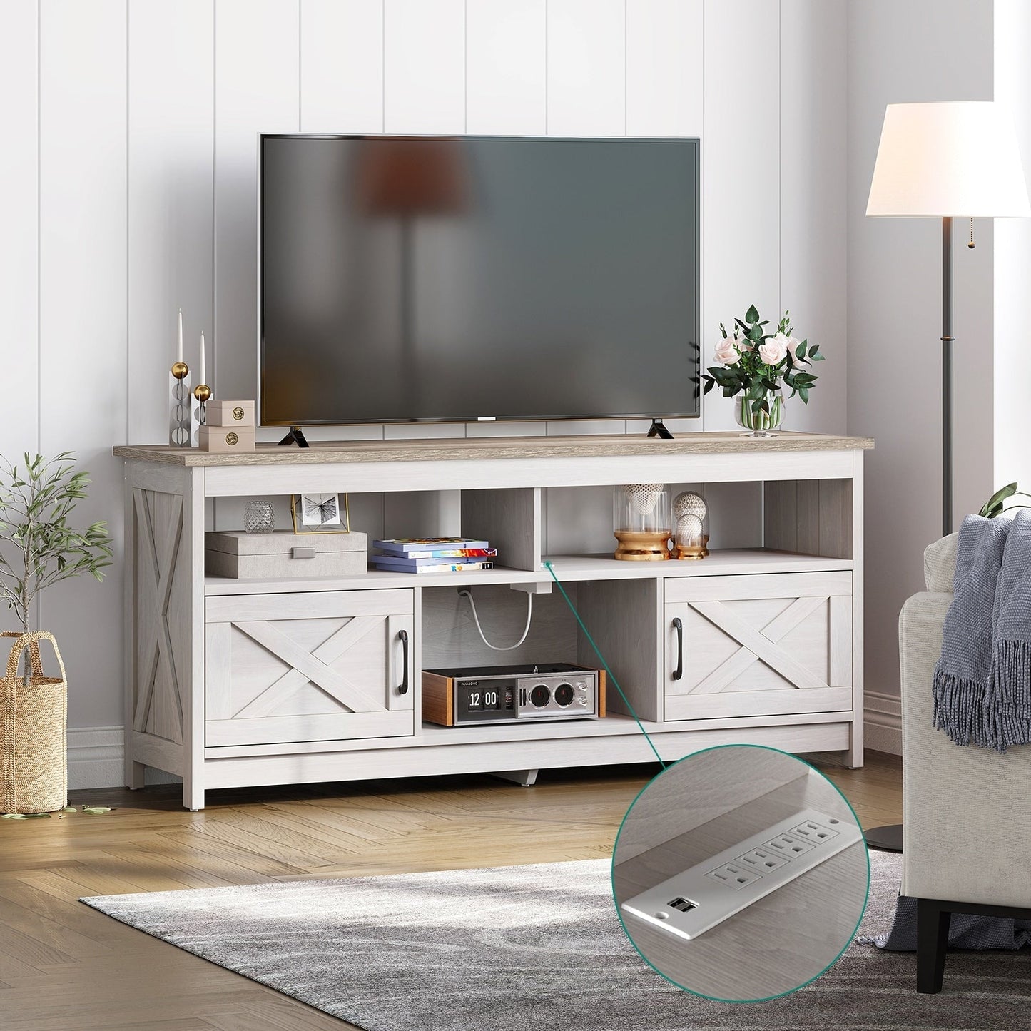 Farmhouse TV Stand for up to 65 TV with Doors and Open Shelves Media Console Power Outlet