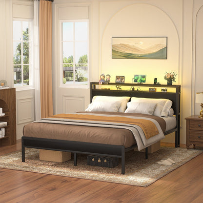 Farmhouse Wood Platform Bed Frame with Charged Station and LED Lights