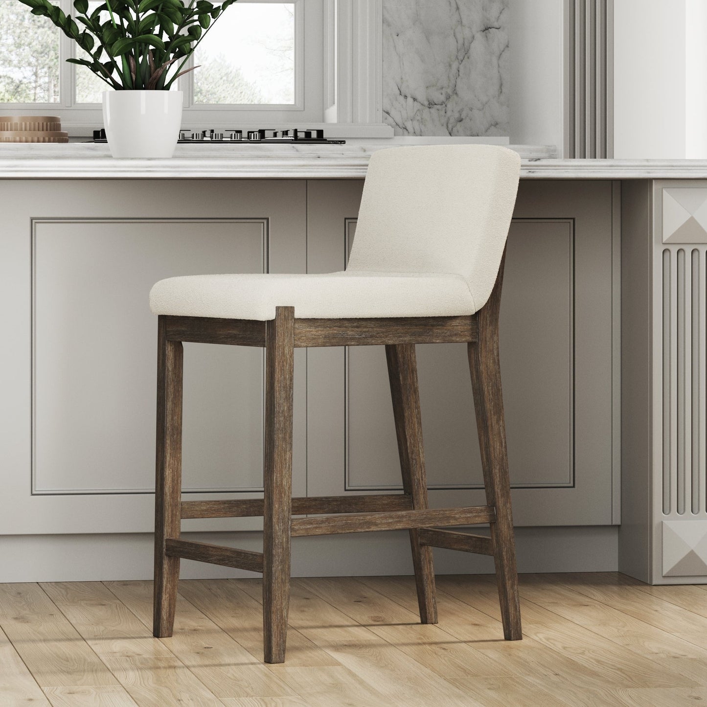 Gracie Modern Bar Stool, Boucle Upholstered Chair and Brushed Wooden Legs