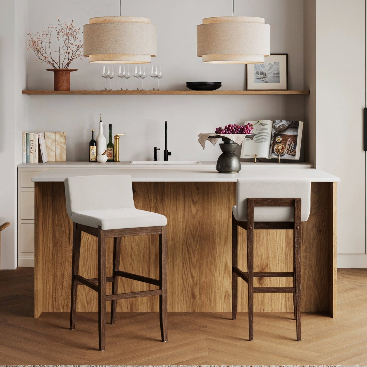 Gracie Modern Bar Stool, Boucle Upholstered Chair and Brushed Wooden Legs