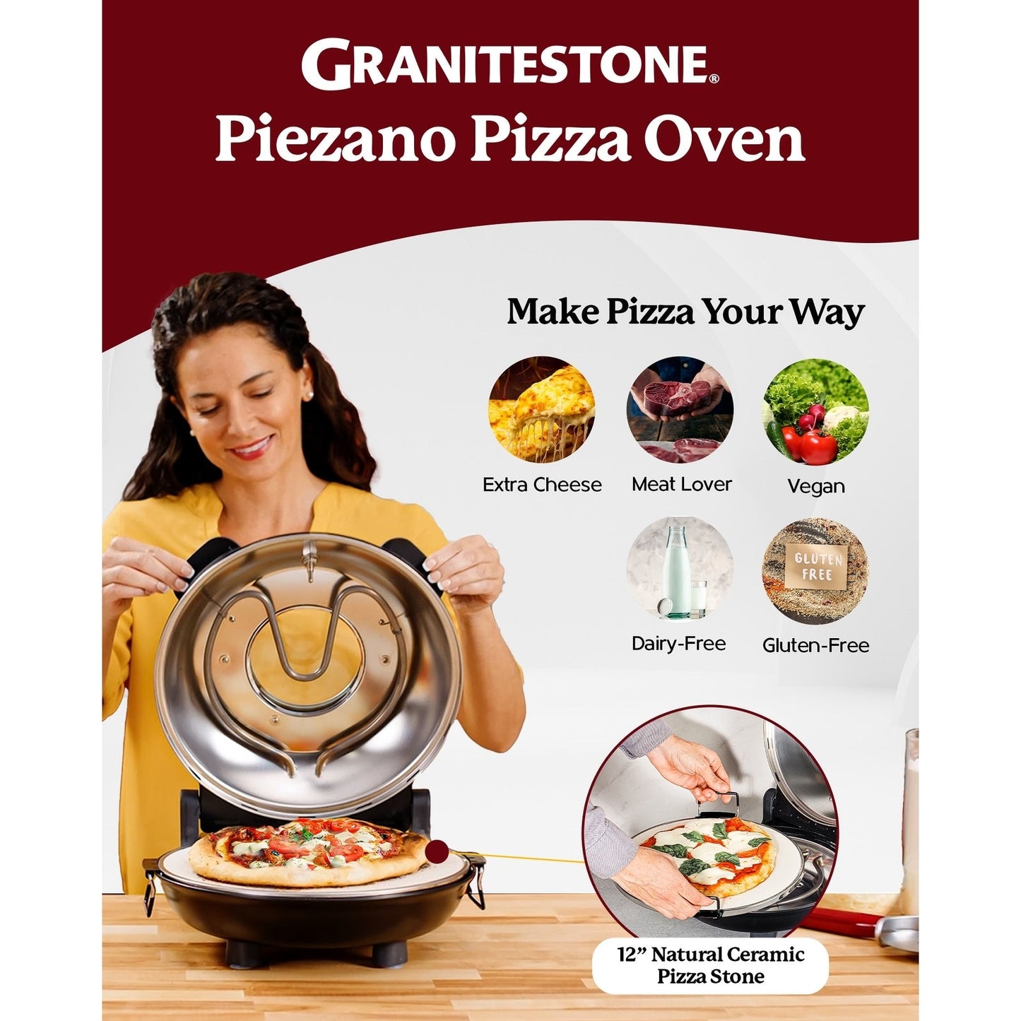 Granitestone Piezano Indoor/Outdoor Electric Pizza Oven w Ceramic Stone