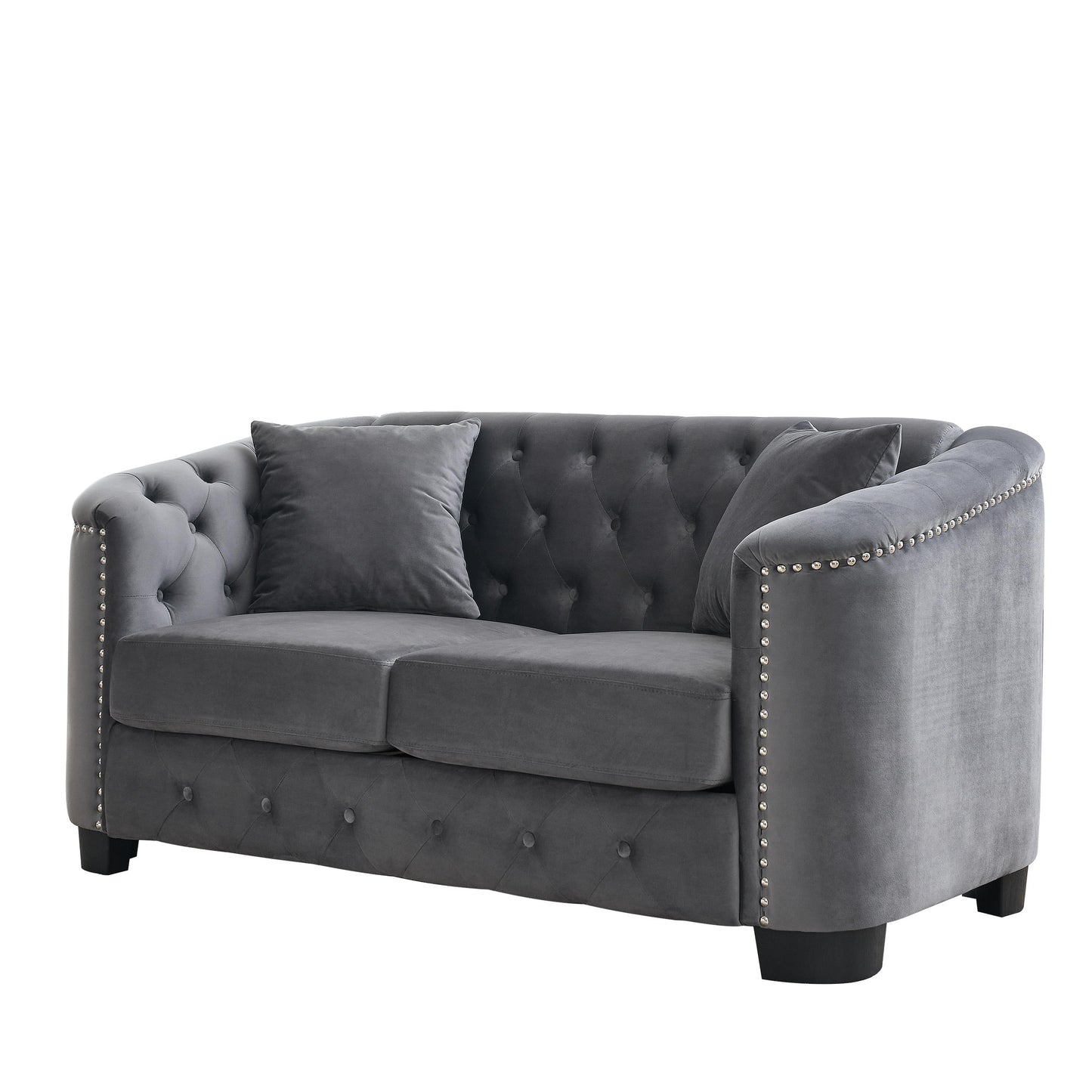 Grey 59'' Modern Velvet 2-Seater Sofa with Tufted Backrest and Nailhead Arms