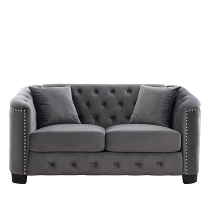 Grey 59'' Modern Velvet 2-Seater Sofa with Tufted Backrest and Nailhead Arms