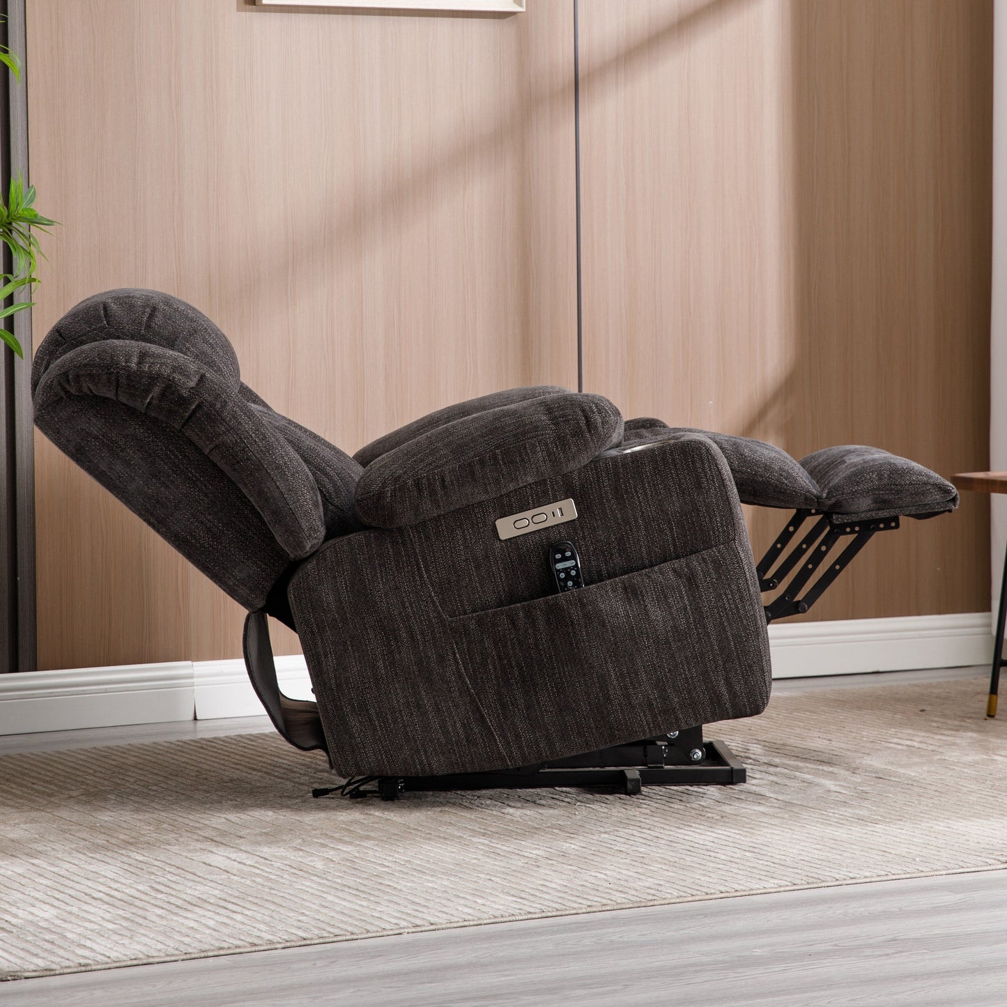 Grey Chenille Power Lift Recliner with Massage, Lumbar Heating, USB & Type-C Ports, and Stainless Steel Drink Holders