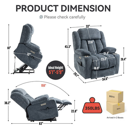 Grey Chenille Power Lift Recliner with Massage, Lumbar Heating, USB & Type-C Ports, and Stainless Steel Drink Holders