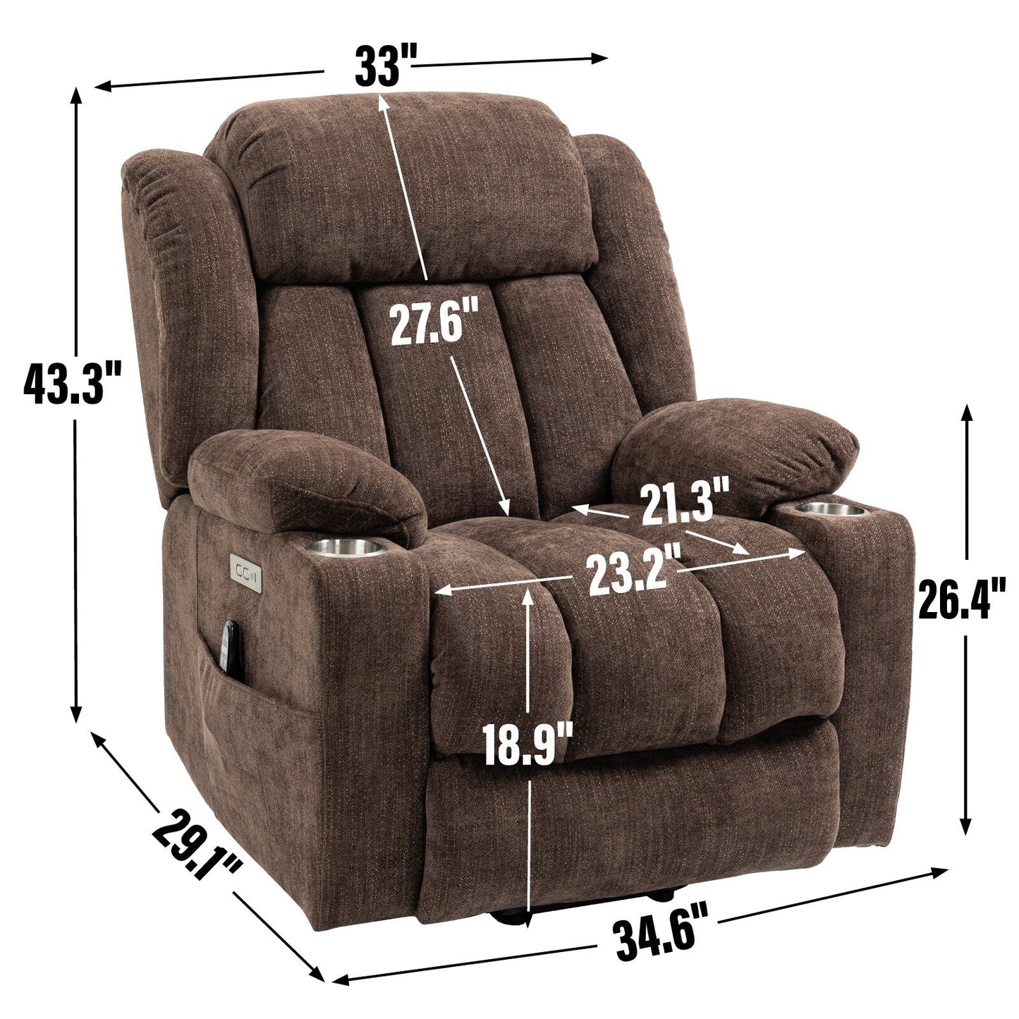 Grey Chenille Power Lift Recliner with Massage, Lumbar Heating, USB & Type-C Ports, and Stainless Steel Drink Holders