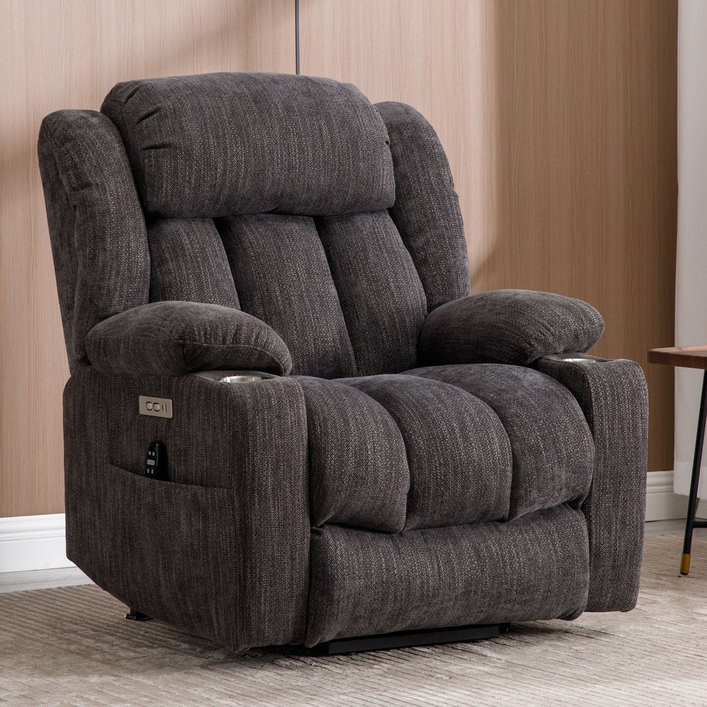 Grey Chenille Power Lift Recliner with Massage, Lumbar Heating, USB & Type-C Ports, and Stainless Steel Drink Holders