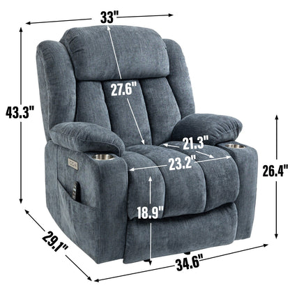 Grey Chenille Power Lift Recliner with Massage, Lumbar Heating, USB & Type-C Ports, and Stainless Steel Drink Holders