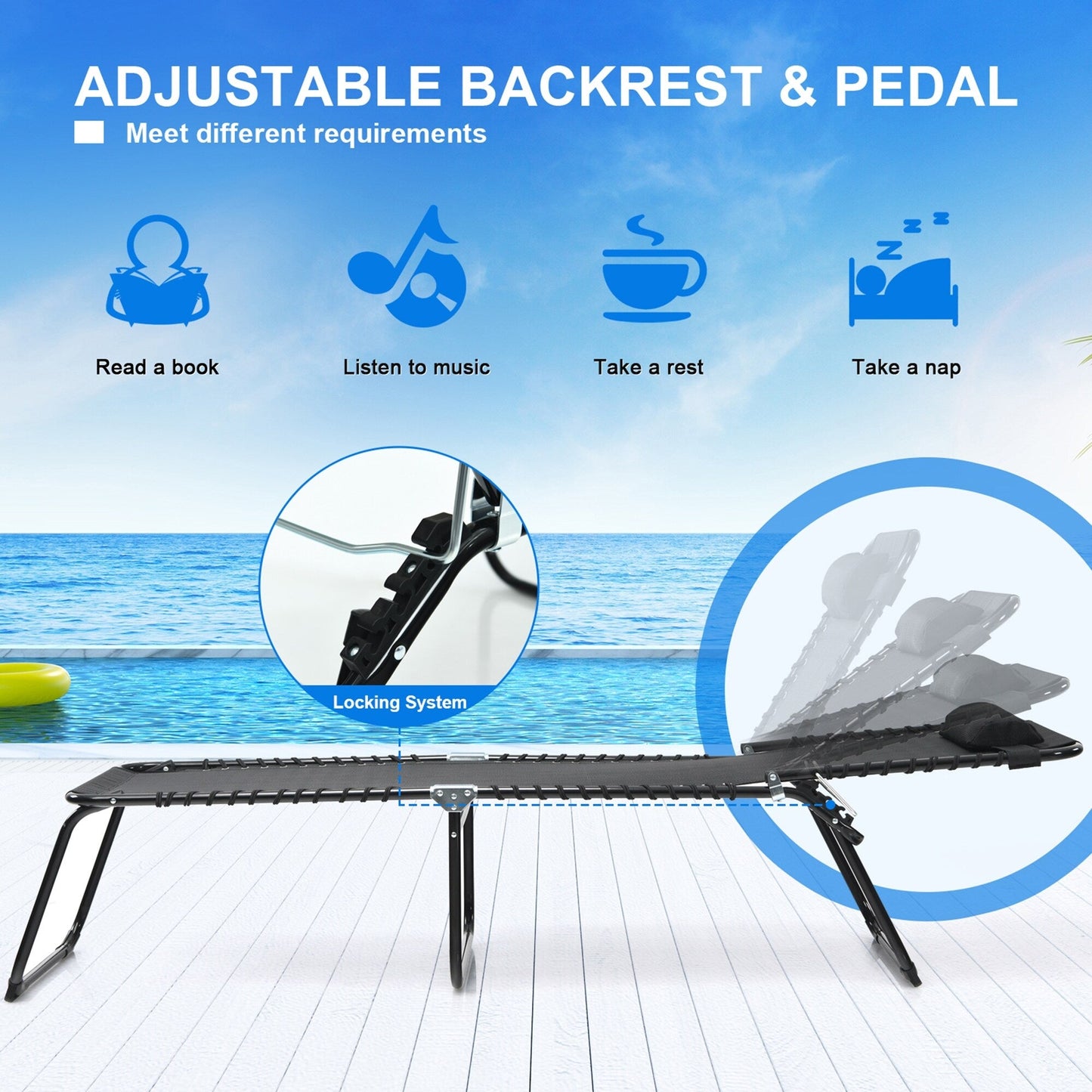 Gymax Folding Beach Lounger Chaise Lounge Chair w/ Pillow 4-Level