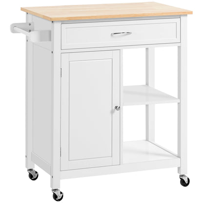 HOMCOM Kitchen Trolley, Wood Top Utility Cart on Wheels with Open Shelf and Storage Drawer for Dining Room, Kitchen