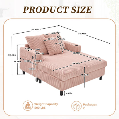 HOMEFUN Corduroy Upholstered Oversized RGB LED Light Recliner Sofa Bed with Cup Holder,USB&3 Pillows