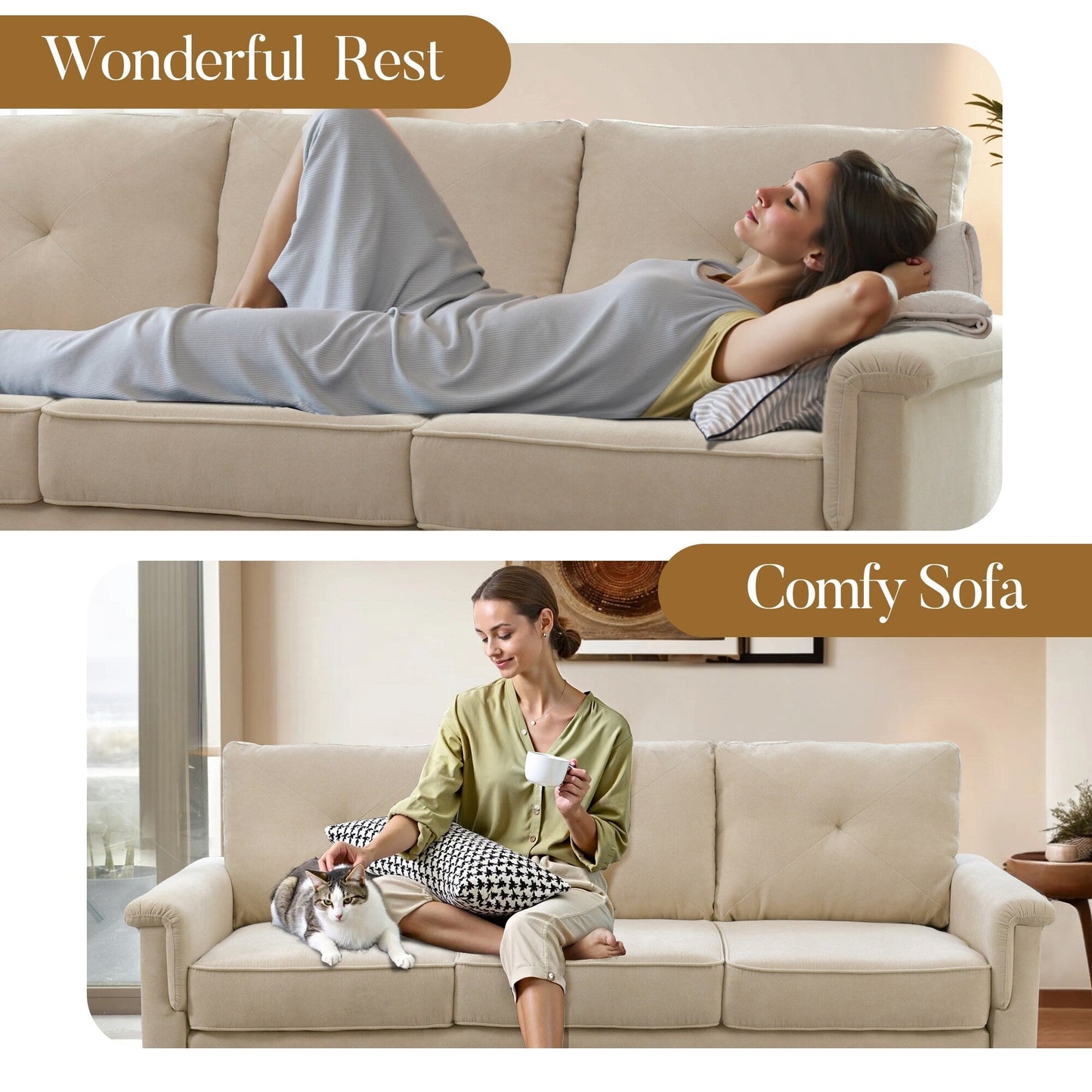 HOOOWOOO Mid-Century 3-Seat Upholstered Sofa with Wood Legs for Living Room