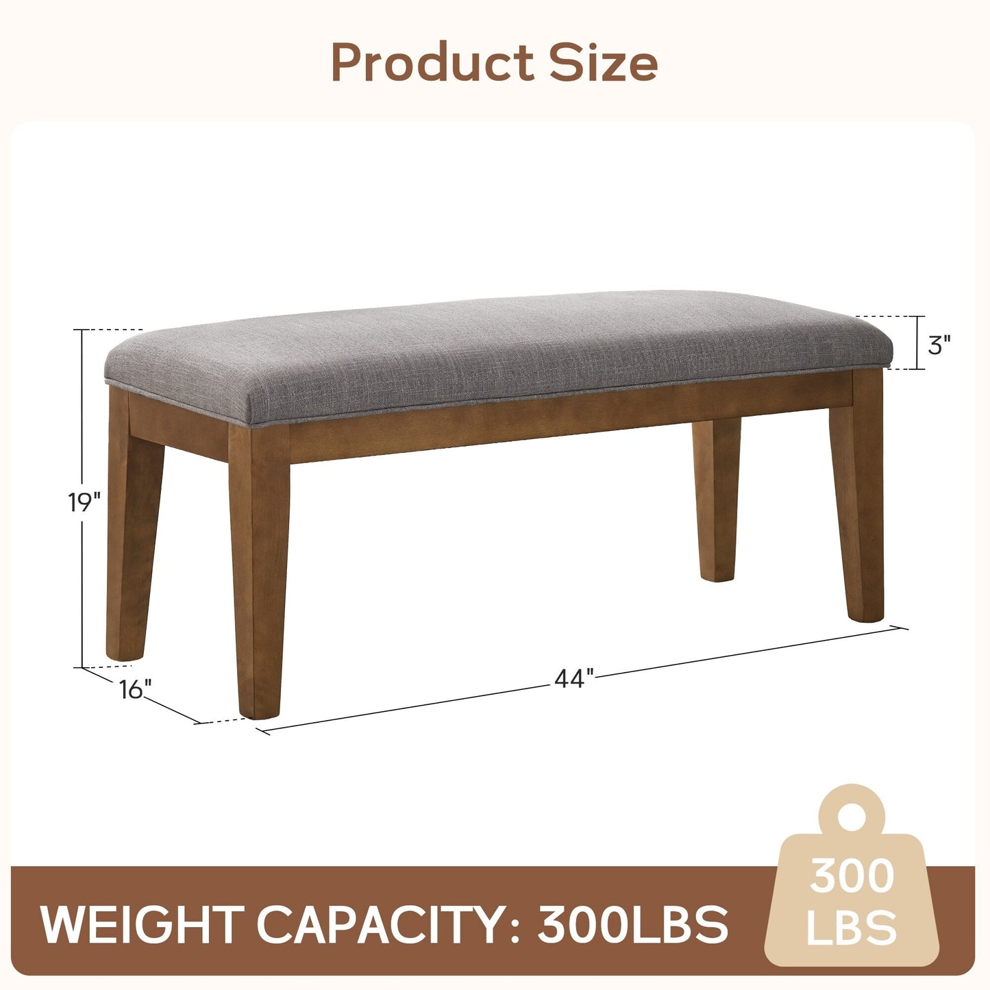 Upholstered Fabric Entryway Bench, Bedroom Bench for End of Bed Beige, Solid Wood 44-inch