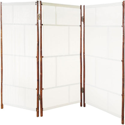 Handcrafted Bamboo Folding 3-Panel Room Divider Privacy Screen, Ecru Fabric