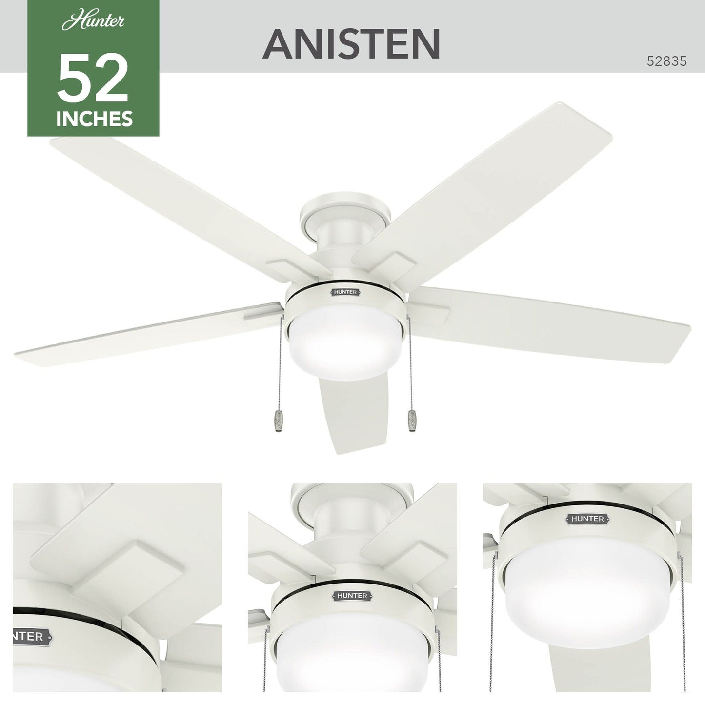 Hunter 52 Anisten Low Profile Ceiling Fan with LED Light and Pull Chain - Modern, Contemporary, Transitional