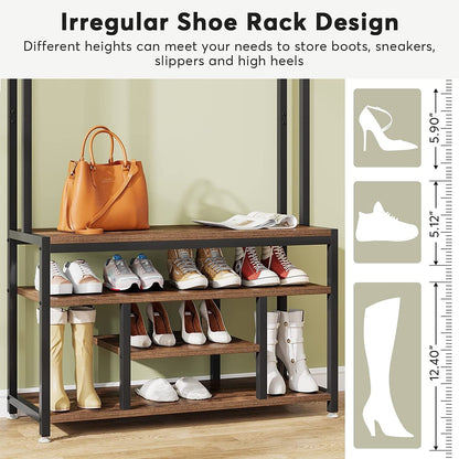 Industrial Hall Tree, Entryway Shoe Bench with Coat Rack Hook and Storage Shelving