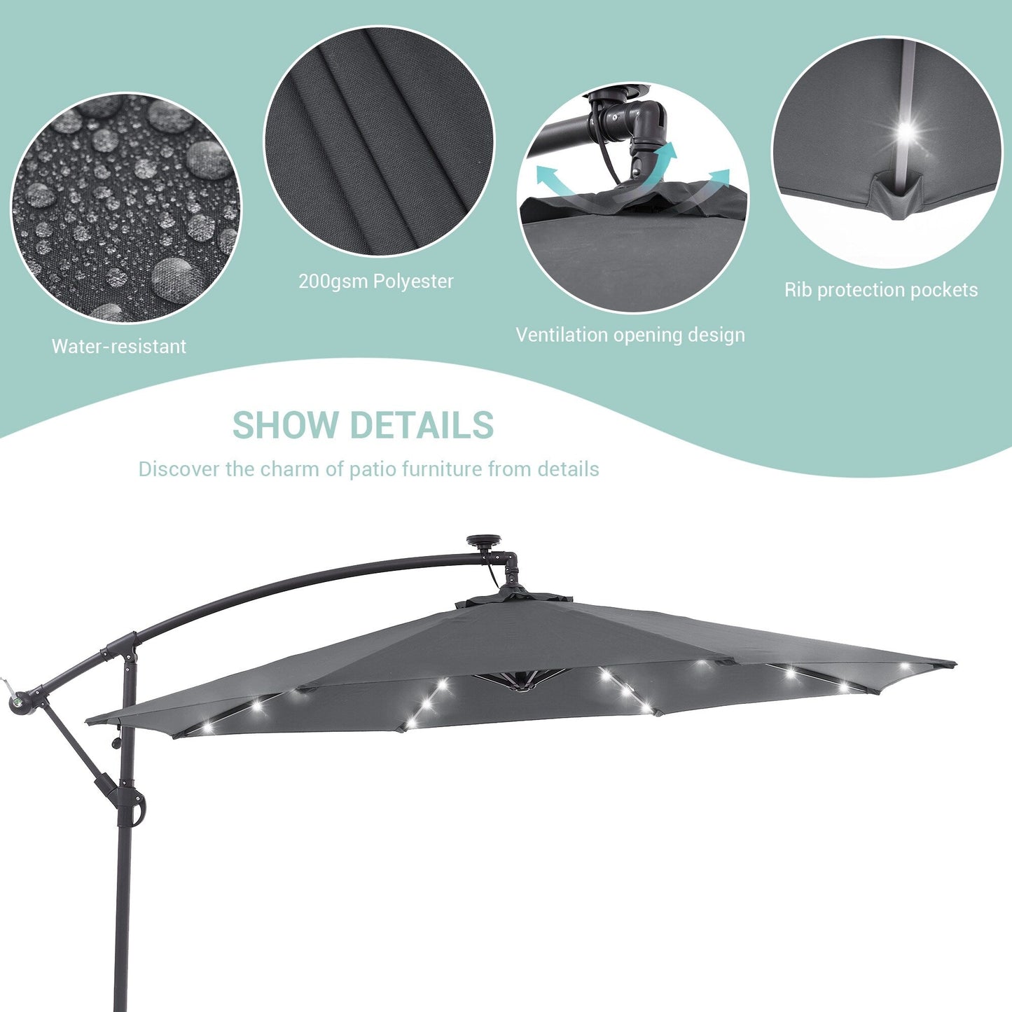 LIVOOSUN 10ft LED Patio Offset Umbrella With Cross Base