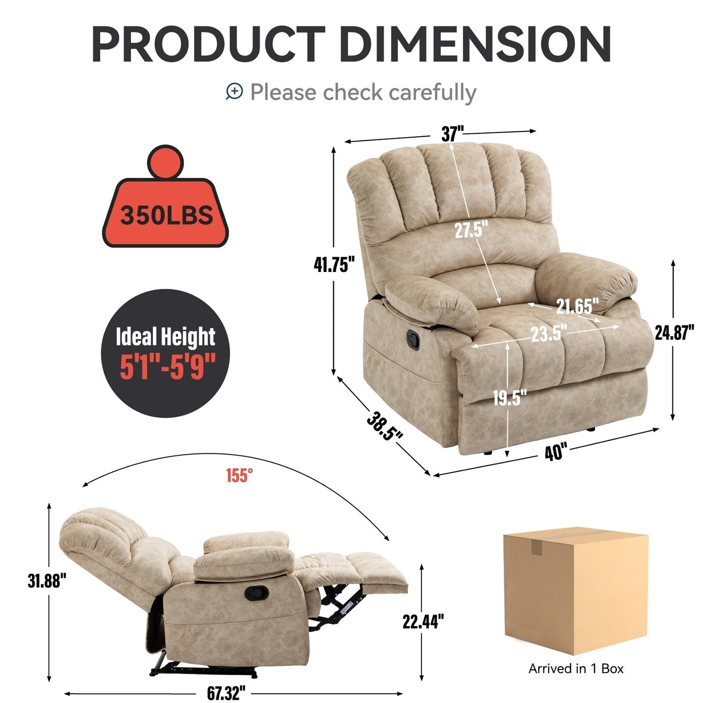 Large Manual Recliner Chair for Adult, Comfortable Fabric Single Recliner Sofa, Overstuffed Reclining Chair for Living Room
