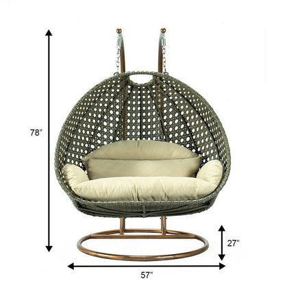 LeisureMod 2 Person Hanging Egg Chair with Stand - Outdoor/Indoor Rattan Wicker Patio Swing Hammock Lounger with Cushions